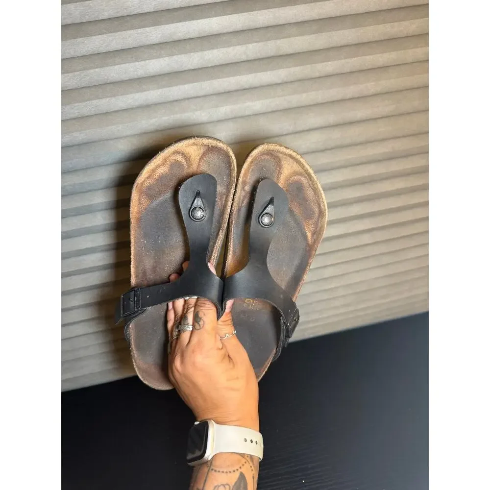 Birkenstock Gizeh Black Leather Thong Sandals EU39 US 8 Narrow Footbed